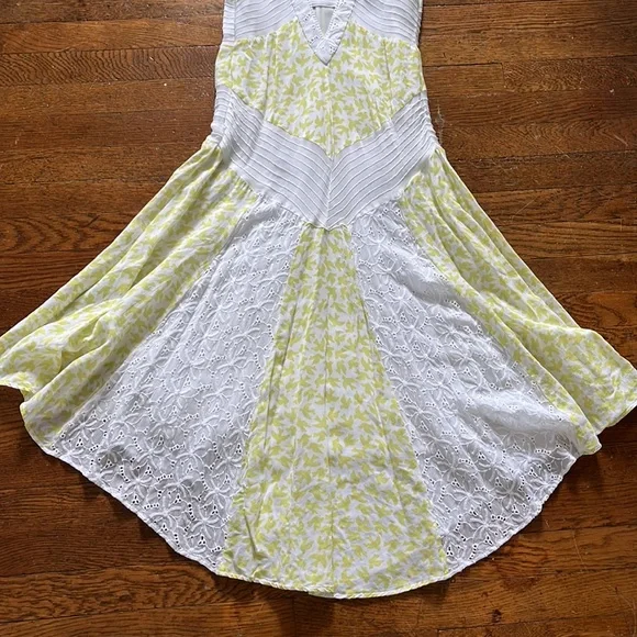 ANTHROPOLOGIE LEIFNOTES Yellow Bird Print Midi Patchwork Eyelet Lace Boho Dress - Picture 9 of 13
